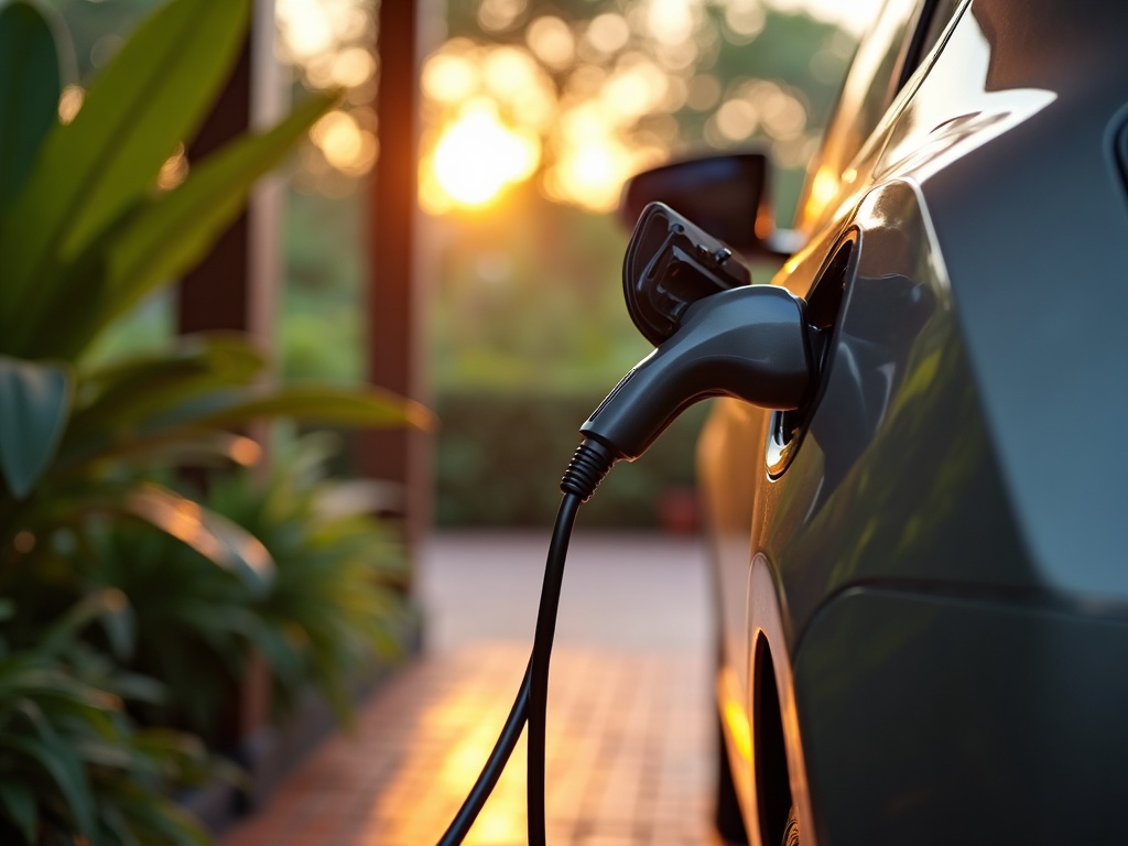 EV charging cable plugged into a compact electric car at a Bali villa carport in golden light