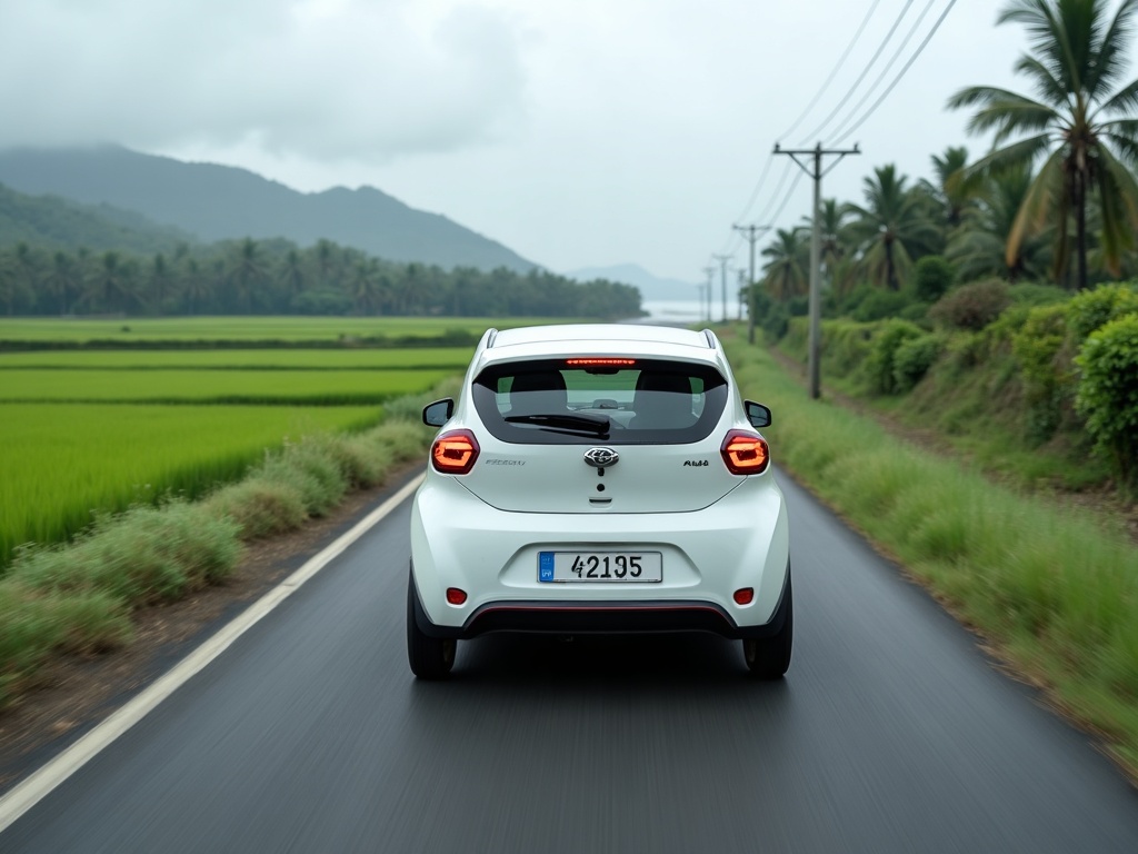 Compact electric car driving a quiet Bali coastal road beside rice paddies