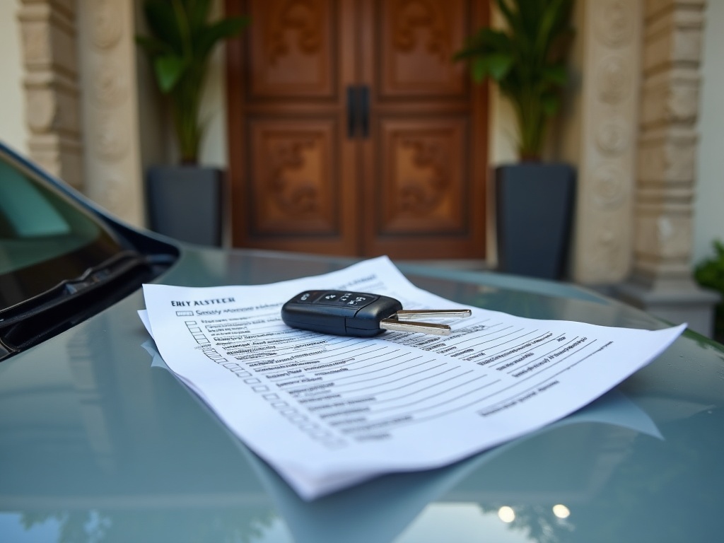 Car key and rental handover checklist on the roof of a small electric car outside a Bali guesthouse