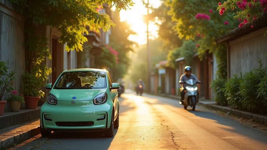 Compact mint-green Wuling Air EV electric car parked in a narrow sunlit Canggu alley with bougainvillea walls